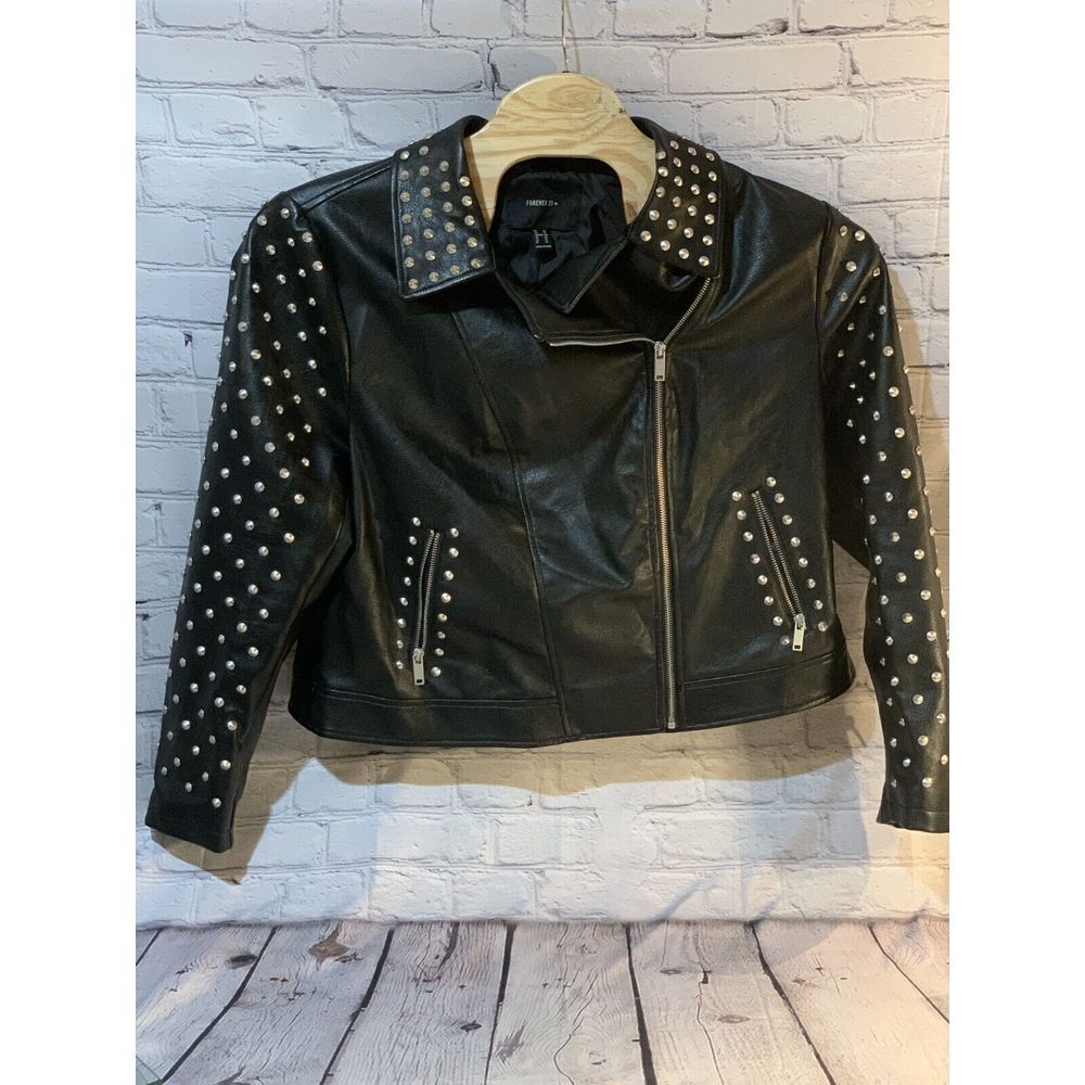 Forever 21+ Biker Jacket Womens 3X Black pleather Studded Asymmetric Zip Pockets